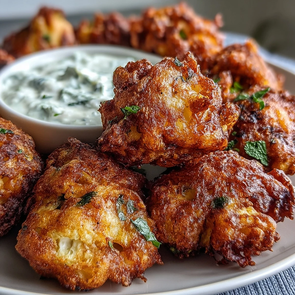 Close-up of a freshly fried Cauliflower Bhaji being dipped into a cooling yogurt sauce.