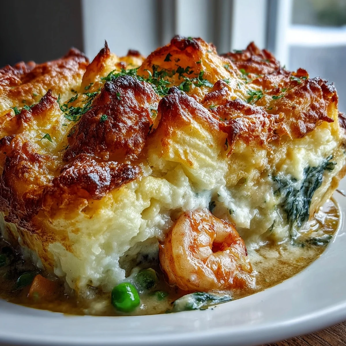 Golden, crispy mashed potatoes cover a creamy curried fish pie filling with shrimp and peas.