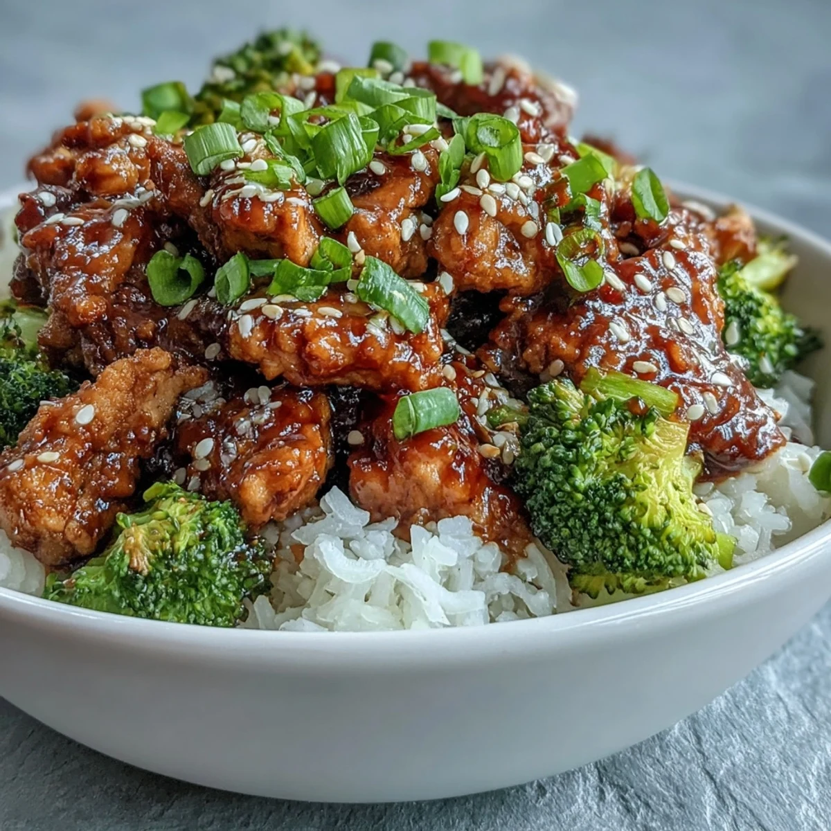 A serving spoon digging into a bowl of Sweet and Spicy Turkey Broccoli Bowls with fluffy brown rice.