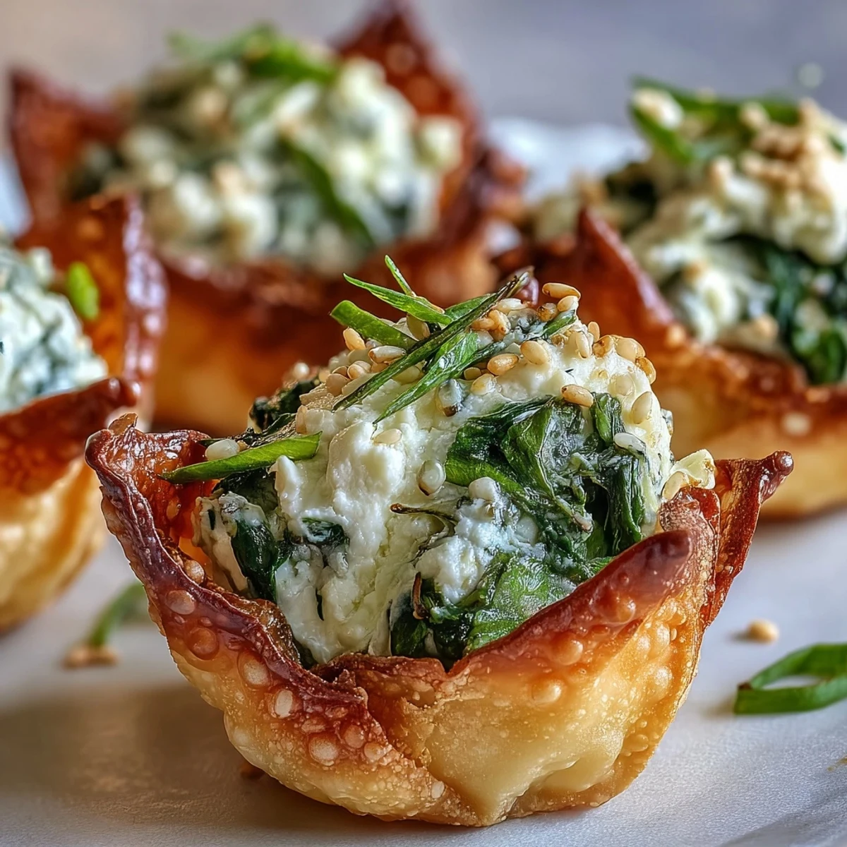 Freshly baked Mediterranean Spinach and Feta Cheese crisps served warm, offering a creamy texture and aromatic lemon zest.