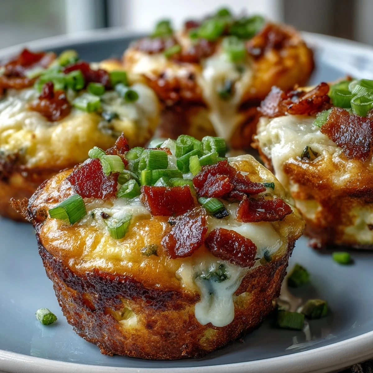 Golden baked Breakfast Egg Muffins with cheddar, bacon, and bell peppers on a white plate.