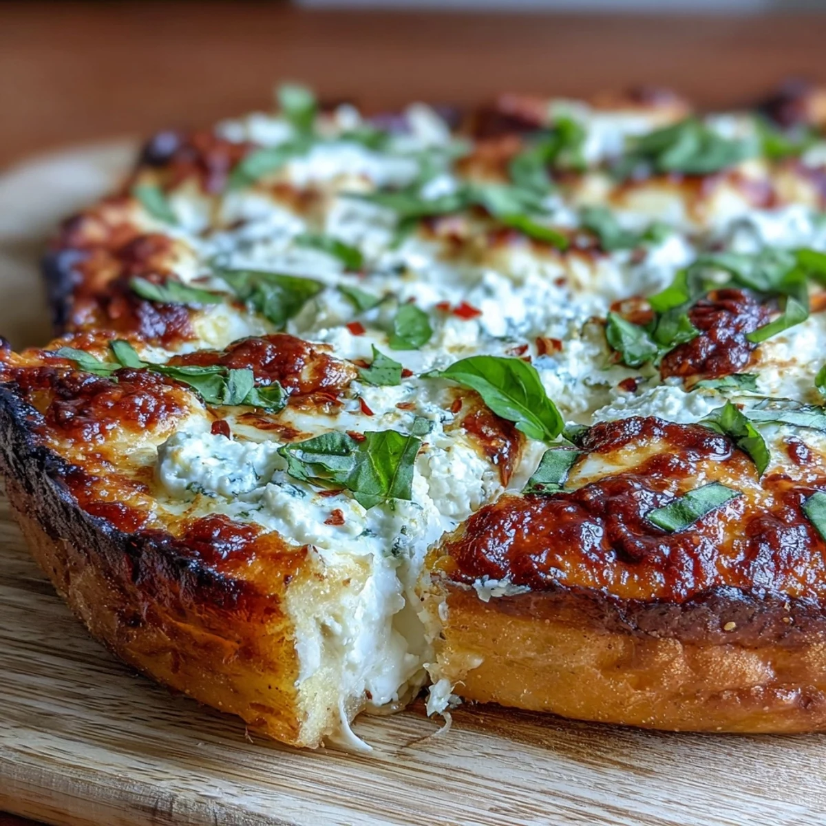 Golden-brown, fluffy crust of Hot Honey Ricotta Pizza topped with creamy ricotta and bubbling mozzarella, garnished with fresh basil and drizzled with spicy honey.