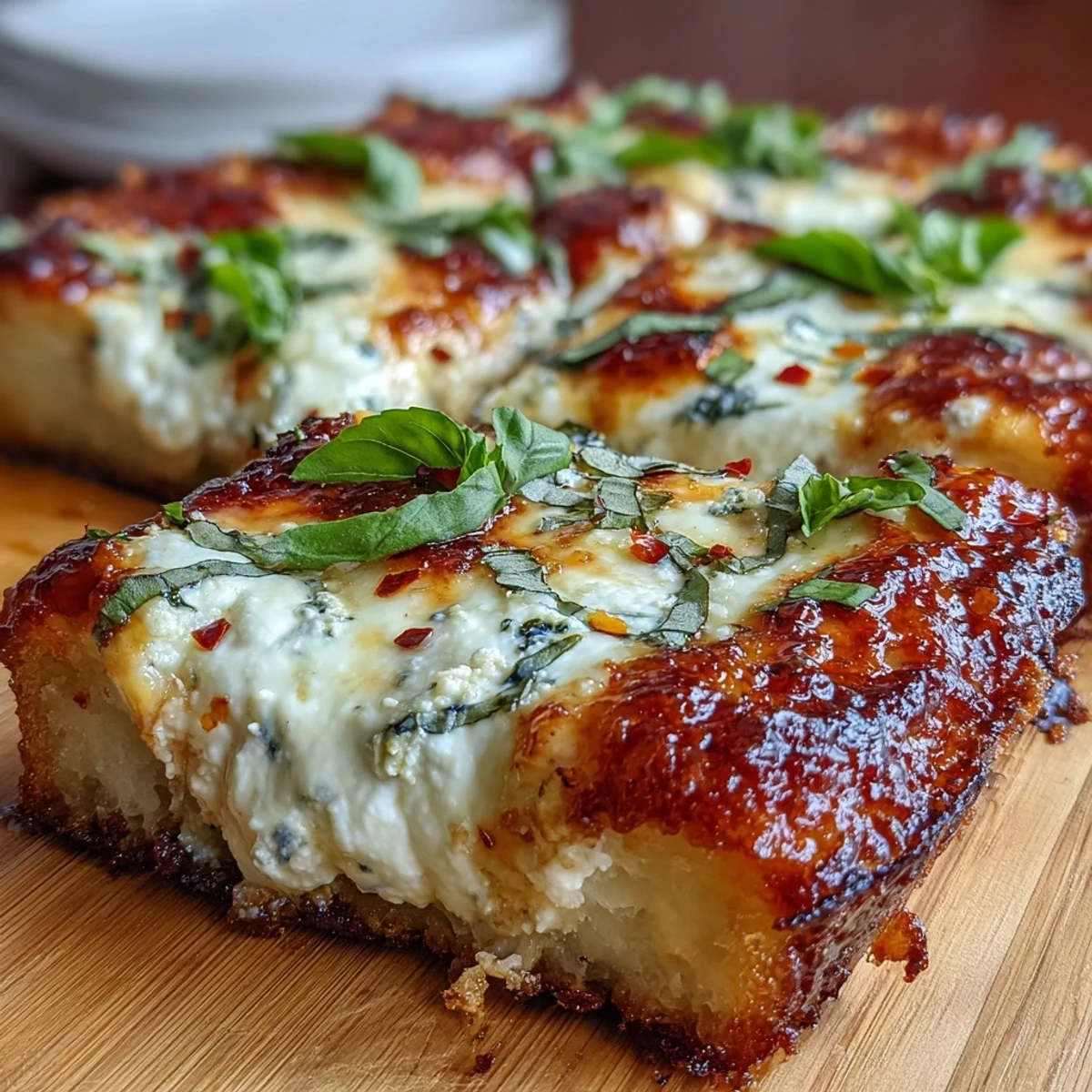 A close-up of Hot Honey Ricotta Pizza slice showcasing a thick, crisp crust, melted mozzarella, and vibrant basil leaves with a glossy honey drizzle.