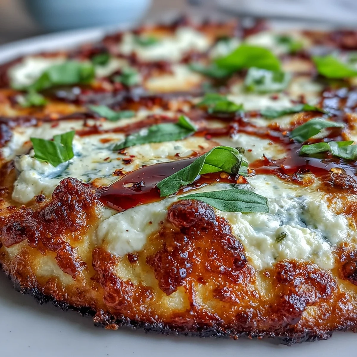 Ready-to-serve Hot Honey Ricotta Pizza on a wooden board, featuring a golden crust, ricotta base, and fresh basil, perfect for a vegetarian dinner.