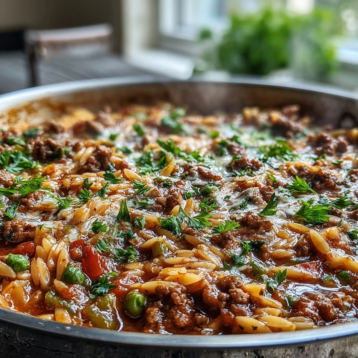 Steaming skillet of Comforting Ground Beef Orzo Dinner with bell peppers and melted Parmesan, served hot.