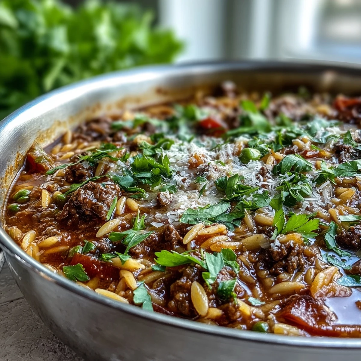 Fresh parsley and grated Parmesan top this one-pan Comforting Ground Beef Orzo Dinner, perfect for busy weeknights.