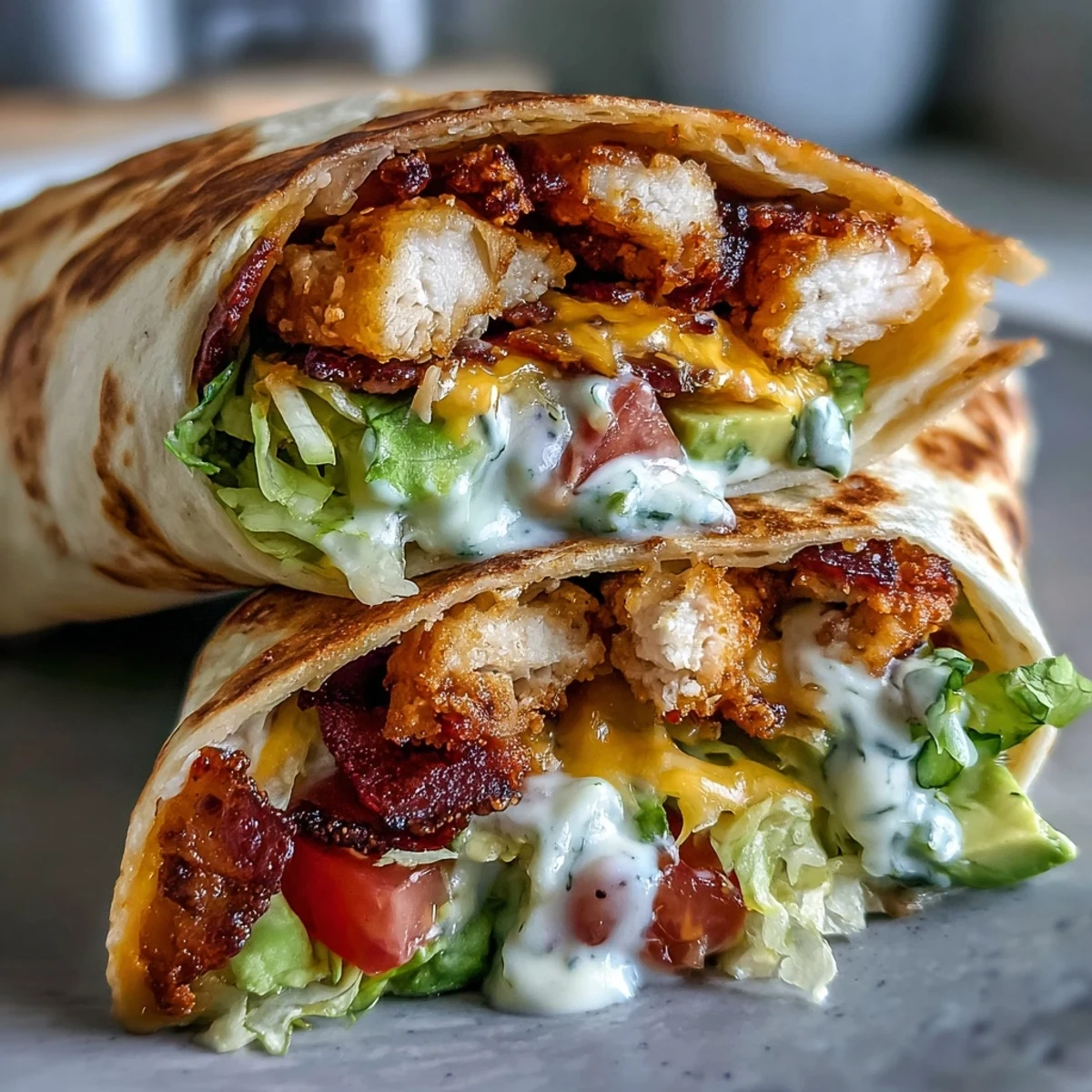 Crispy Chicken Bacon Wrap filled with golden seared chicken, smoky bacon strips, shredded cheddar, and crisp iceberg lettuce on a toasted flour tortilla.