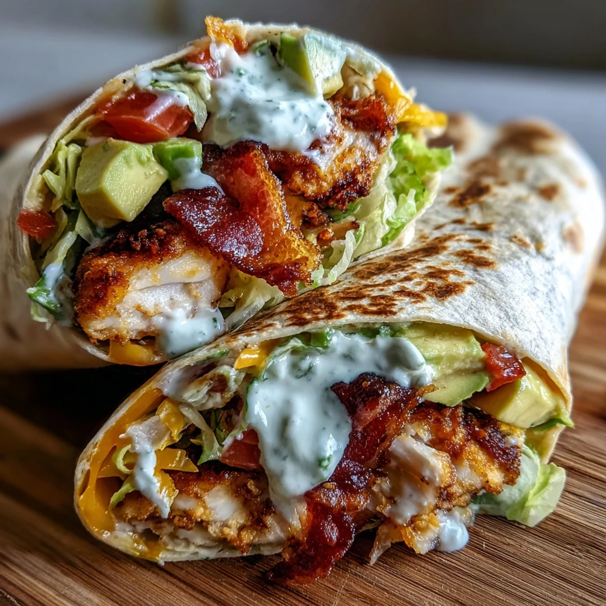 A Crispy Chicken Bacon Wrap rests on a plate, drizzled with tangy mayo sauce and served alongside fresh lettuce and ripe tomato chunks.