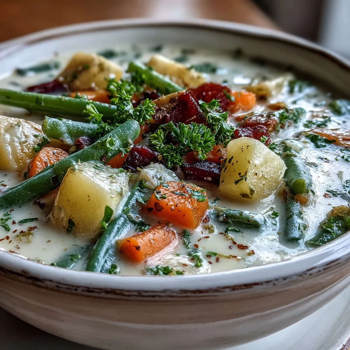 Cozy bowl of Amish Snow Day Soup with tender vegetables in a creamy, fragrant thyme broth.