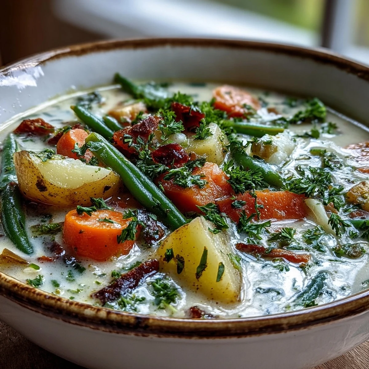 Steaming pot of Amish Snow Day Soup featuring velvety cream, fresh parsley, and garden vegetables.