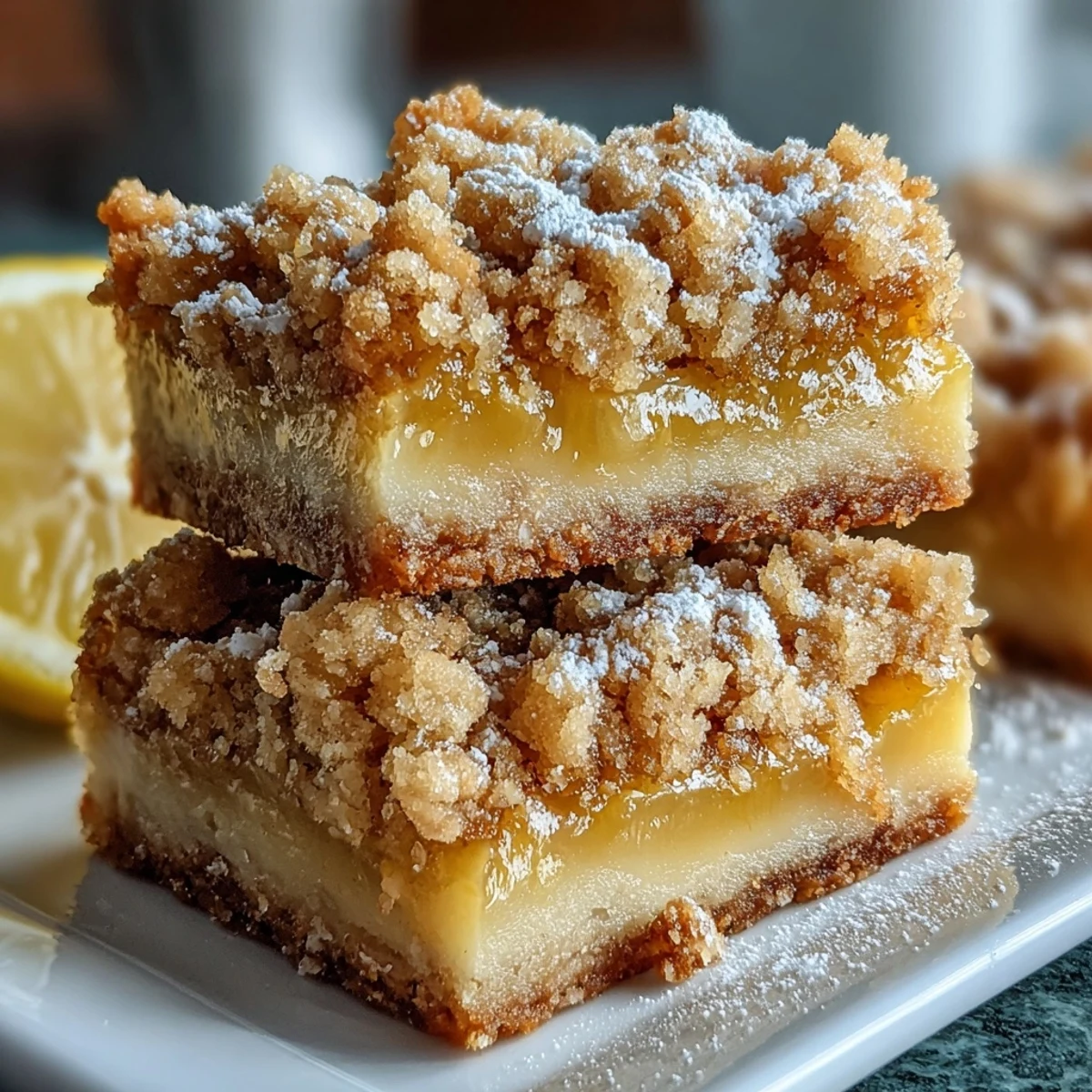 Freshly baked Homemade Lemon Crumb Bars reveal tangy lemon zest and crumbly oat topping on a rustic table.