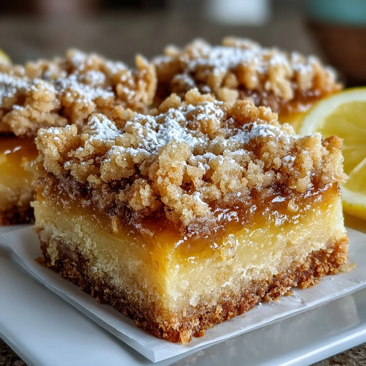 Homemade Lemon Crumb Bars sit on a white plate, showcasing sweet crumbs and tart lemon filling texture.