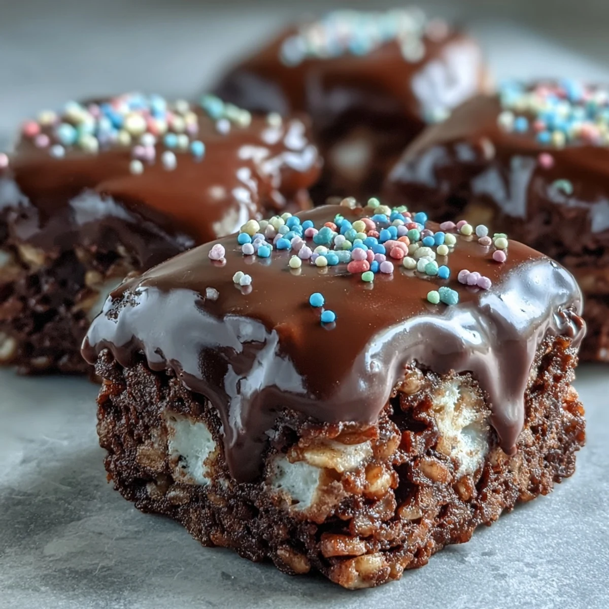 Stacked squares of Chocolate Covered Rice Krispy Treats with glossy dark chocolate, rainbow sprinkles, and gooey marshmallow on a rustic table.