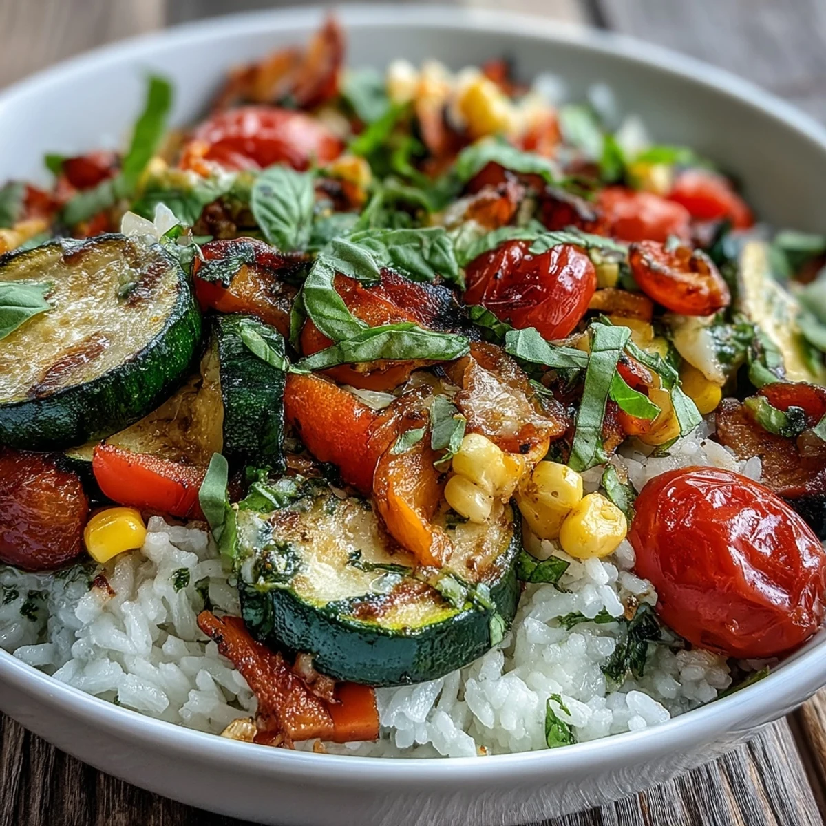 Sautéed zucchini, bell peppers, and sweet corn simmer in a skillet, piled over fluffy rice in this Summer Vegetable Bowl.  