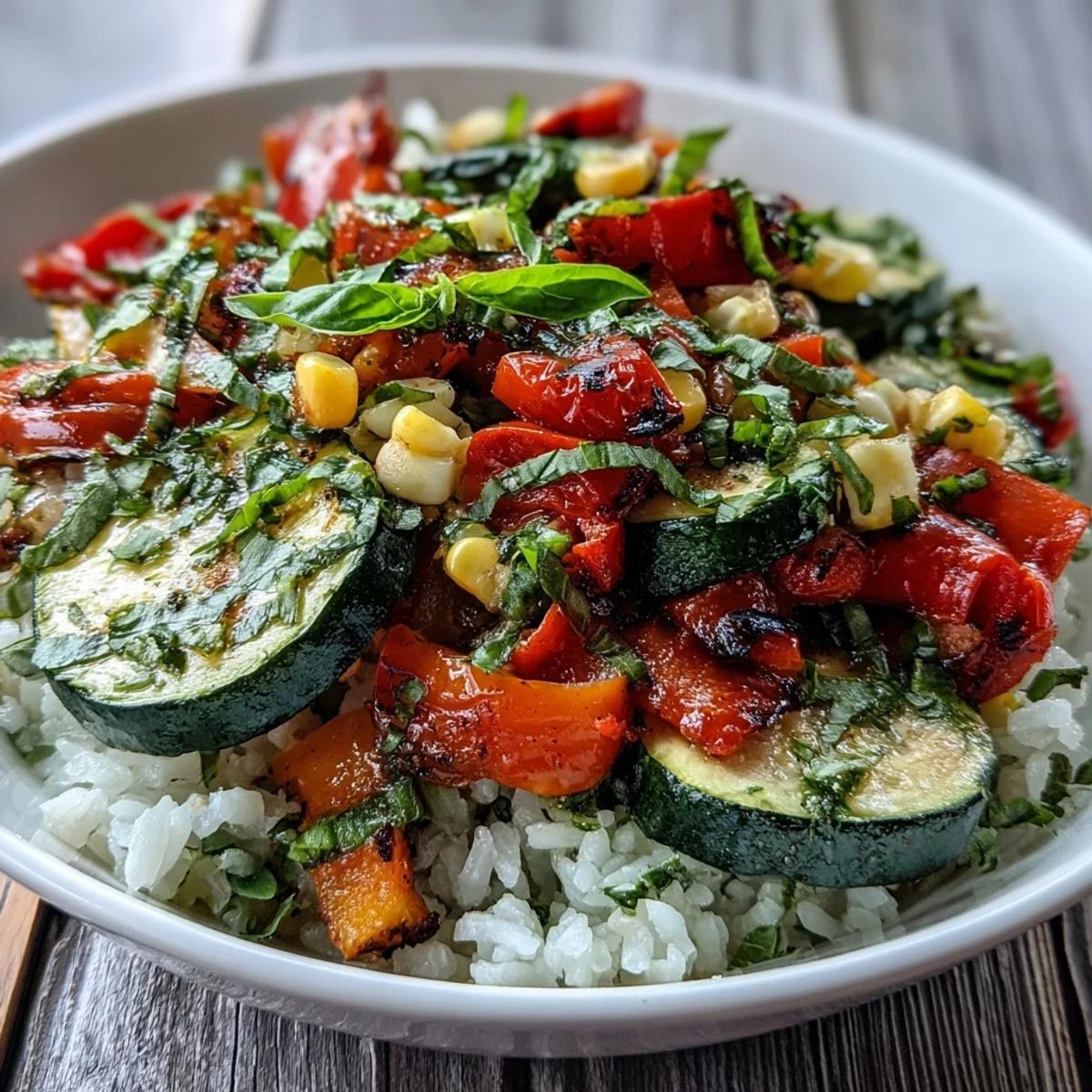 A vibrant Summer Vegetable Bowl of juicy tomatoes, zucchini, and peppers served over rice and garnished with basil.