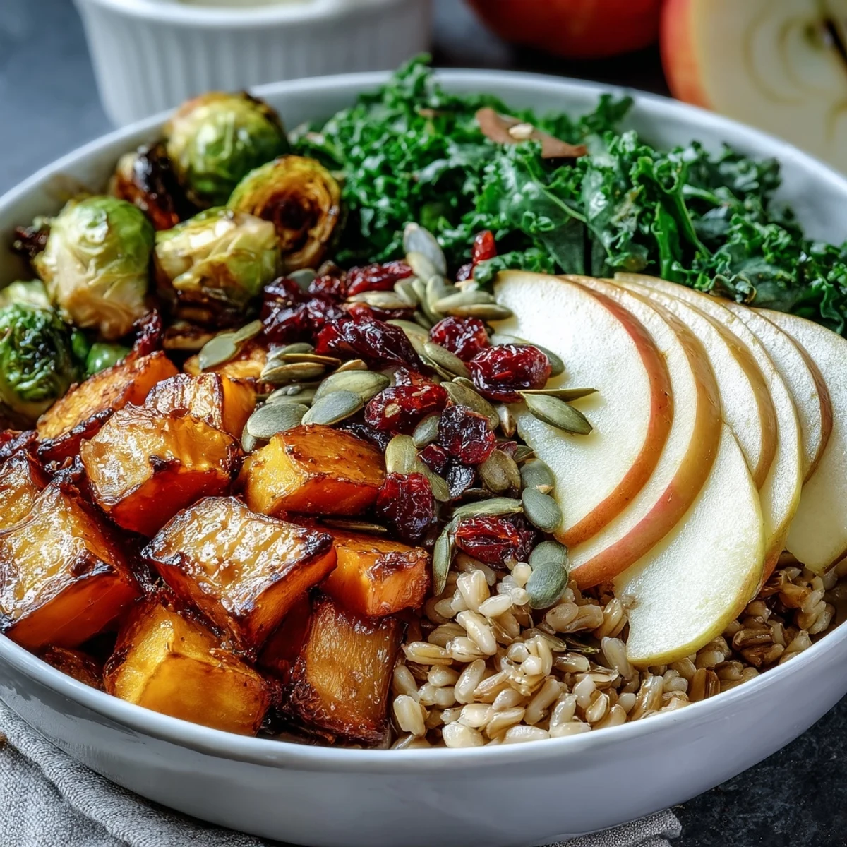 A hearty Fall Vegetable Bowl features roasted butternut squash and Brussels sprouts atop warm farro, garnished with kale and toasted pumpkin seeds.