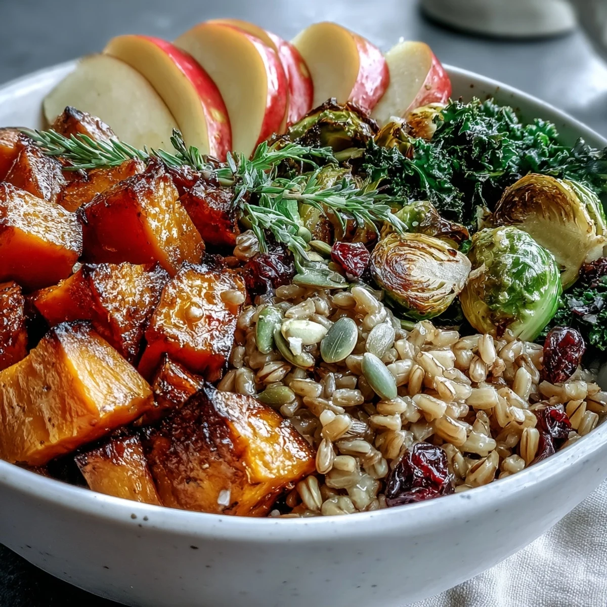 Colorful autumn ingredients like roasted squash, Brussels sprouts, and apples create a vibrant vegan bowl, ready to serve as a cozy main dish.