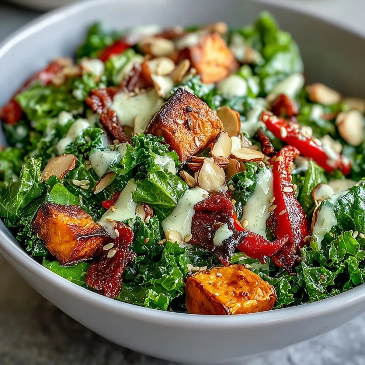 Massaged kale and roasted vegetables in a vibrant Kale Salad Bowl, topped with crunchy nuts and creamy tahini dressing.
