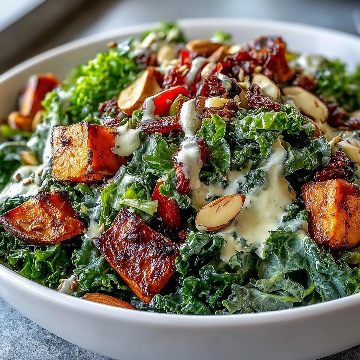 A hearty Kale Salad Bowl features golden roasted sweet potato, bell peppers, and zucchini tossed with seeds and almonds.