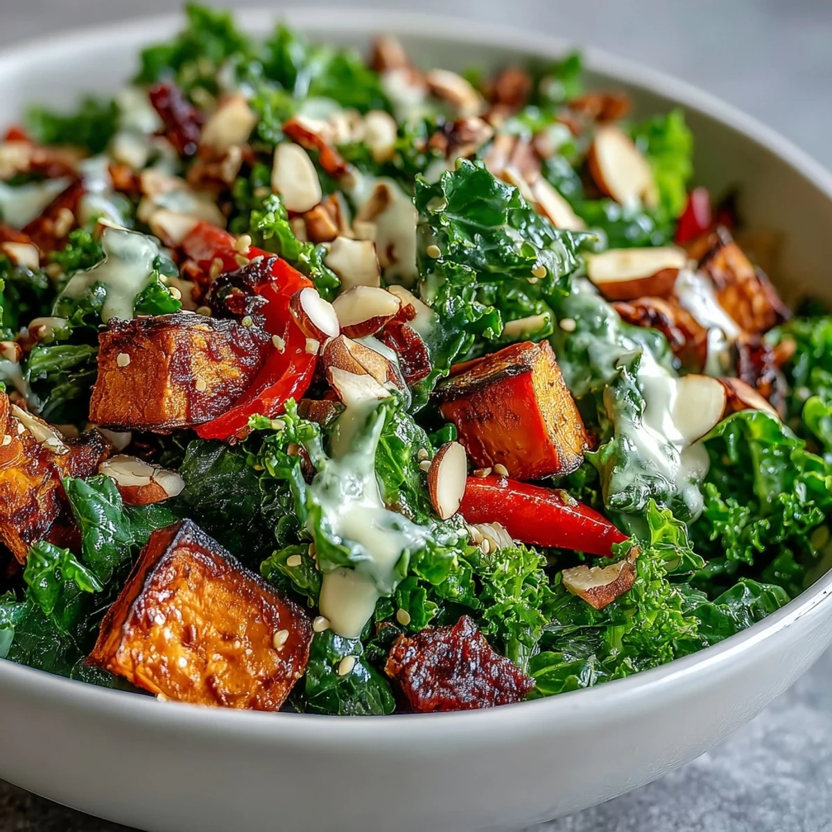 Colorful, nutrient-dense Kale Salad Bowl with tender kale, cherry tomatoes, and pumpkin seeds drizzled with tangy tahini dressing.