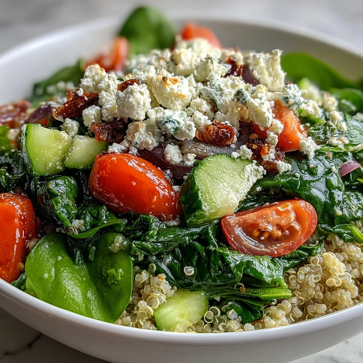 Fresh cherry tomatoes and diced cucumber add crunch to the wholesome Spinach and Feta Grain Bowl, drizzled with zesty lemon-garlic dressing.