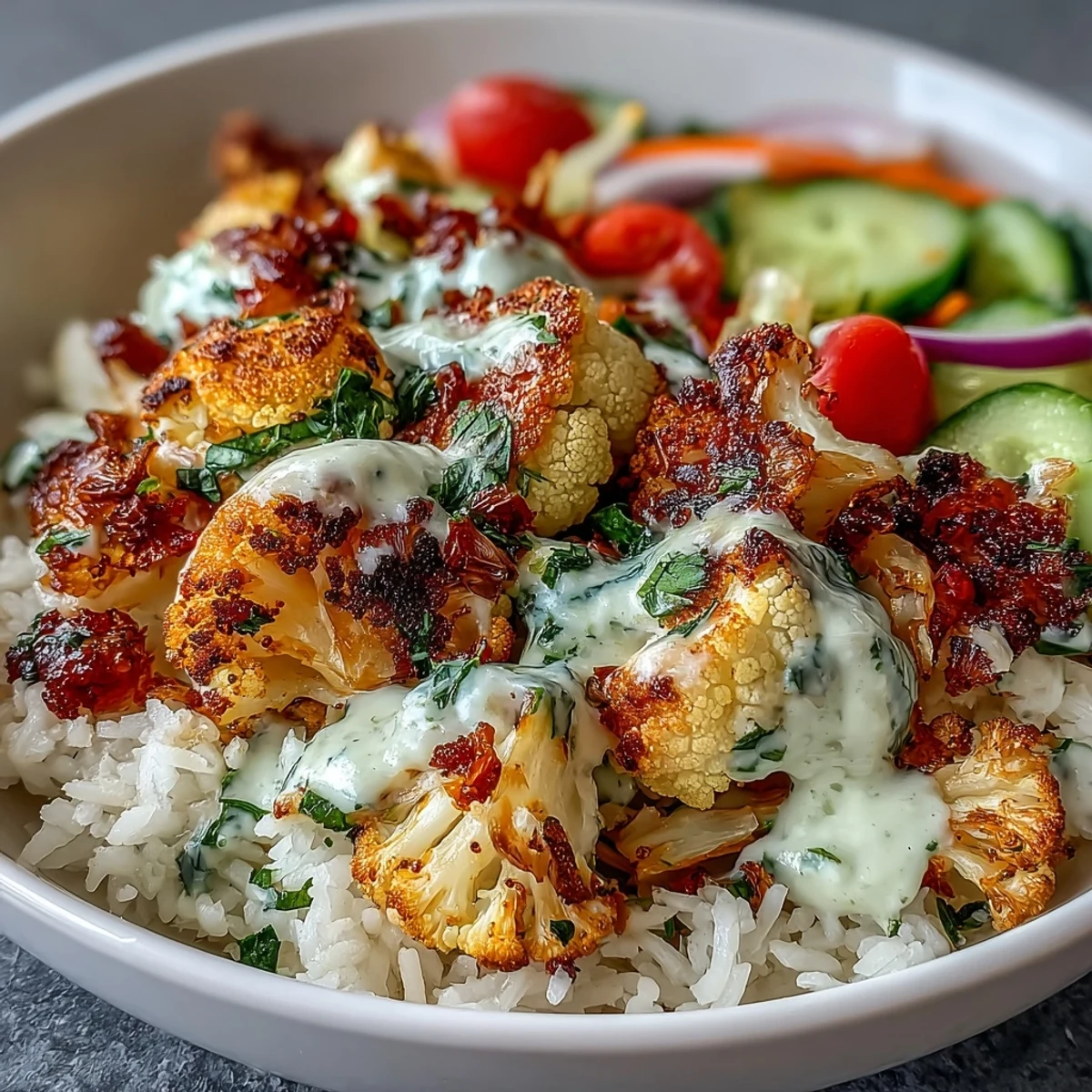 Vibrant herb-roasted cauliflower bowl with fluffy rice and zesty tahini dressing.