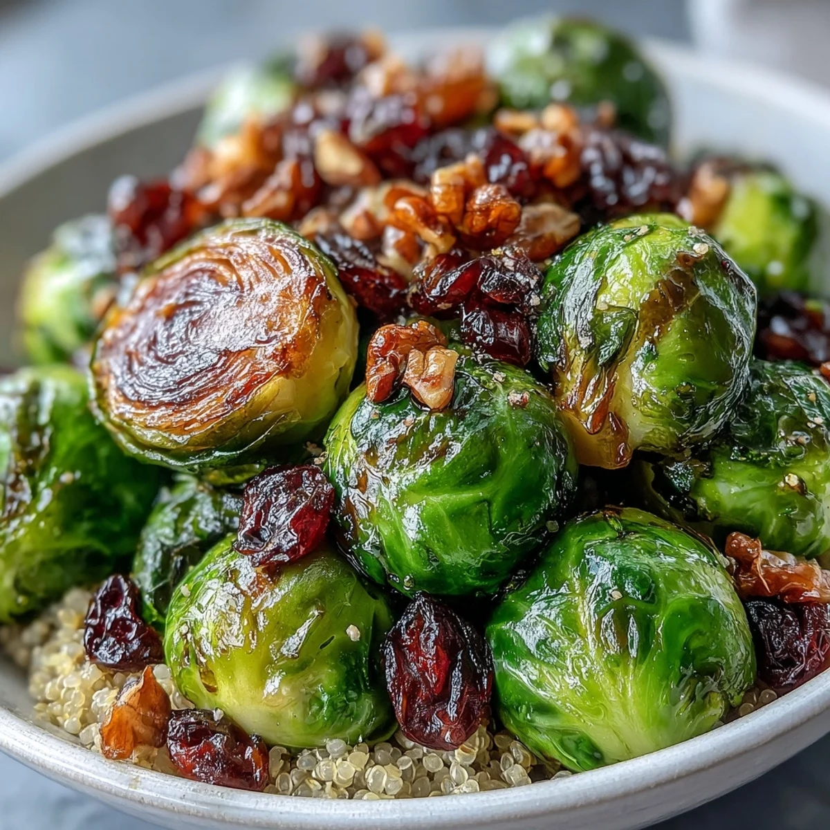 Roasted Brussels Sprouts Bowl with crunchy toasted walnuts and dried cranberries for texture.