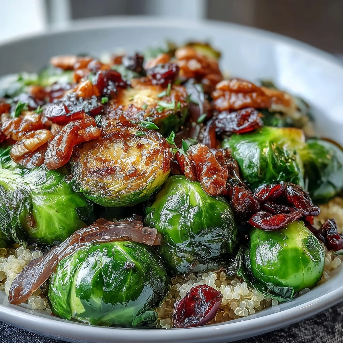 Warm Roasted Brussels Sprouts Bowl topped with pepitas and drizzled with balsamic dressing.