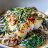 Silky udon noodles and tender poached cod in a creamy spiced coconut broth topped with fresh cilantro.