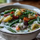 Rustic Amish Snow Day Soup simmering with carrots, potatoes, and corn, ready to serve with crusty bread.