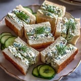 Creamy cucumber and dill Benedictine tea sandwiches on white bread, garnished with fresh herbs for a Southern Derby party.