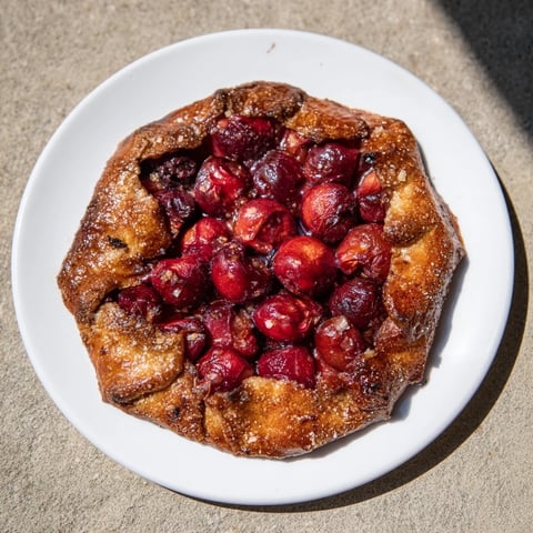 Golden-brown Rustic Cherry and Vanilla Almond Galette, bursting with juicy, glistening cherries and a flaky crust.