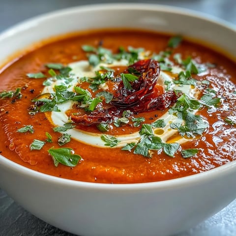 A bowl of velvety roasted red pepper soup garnished with fresh parsley and a swirl of crème fraîche, ready to serve with crusty bread.  