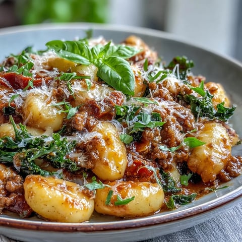 Warm Sausage Gnocchi with Kale in a rich red sauce, served in a white bowl with fresh basil.