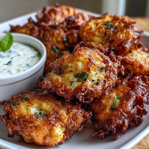 Golden-brown Cauliflower Bhajis arranged on a plate next to a creamy mint yogurt dip.