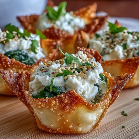 Crispy golden wonton cups cradle Mediterranean Spinach and Feta Cheese filling, garnished with fresh parsley for a savory bite.