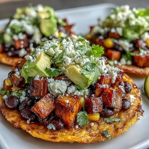 Crispy tostada shells loaded with smoky roasted sweet potato and limey black bean corn topping.