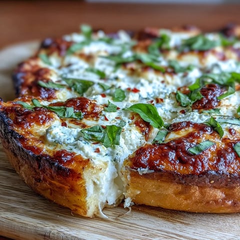 Golden-brown, fluffy crust of Hot Honey Ricotta Pizza topped with creamy ricotta and bubbling mozzarella, garnished with fresh basil and drizzled with spicy honey.