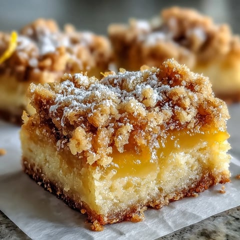 Golden-brown Homemade Lemon Crumb Bars with a bright yellow filling are dusted with powdered sugar on a plate.