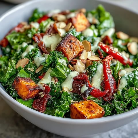 Massaged kale and roasted vegetables in a vibrant Kale Salad Bowl, topped with crunchy nuts and creamy tahini dressing.