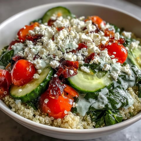 Sautéed spinach and creamy feta crumbles top a bed of fluffy quinoa and vibrant vegetables in this Mediterranean-inspired Spinach and Feta Grain Bowl.