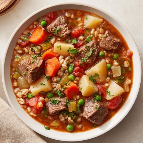 A close-up of a rustic bowl filled with rich One-Pot Hearty Beef and Barley Soup, garnished with fresh parsley.