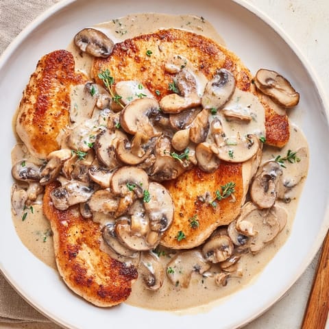 Golden-brown skillet-seared chicken breast, served atop a generous mushroom cream sauce for an elegant dinner.