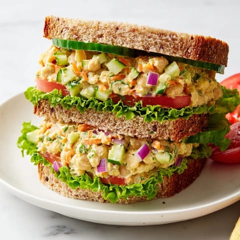 Golden-brown Easy Chickpea Salad Sandwich cut in half, showing layers of vegetables and chickpea mixture.
