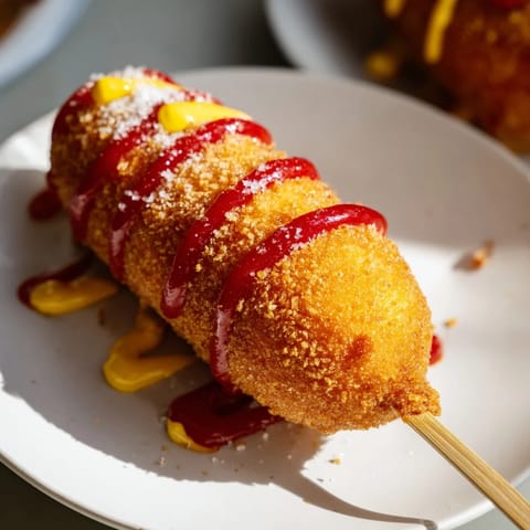 A close-up shot of Korean-inspired corn dogs showing the perfectly fried, textured crust and a tasty bite.