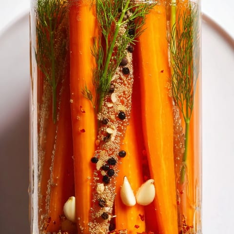 Close-up of freshly made quick pickled carrot spears with garlic and spices, ready to eat.