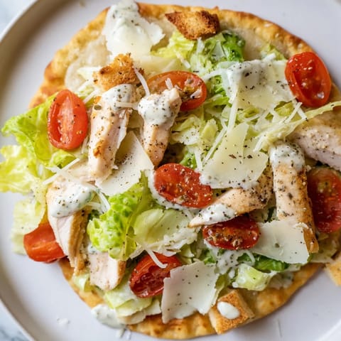 Cheesy Chicken Caesar Flatbread with toasted flatbread, providing a delicious base for this easy meal.