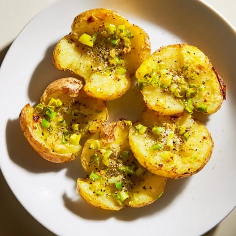 Oven-baked smashed green onion potato bombs, boasting a delightful crunch alongside fresh, vibrant scallions.