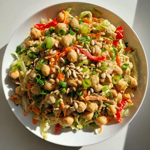 A close-up of the fresh and healthy Fiber-Forward Chickpea Salad, perfect for a light lunch.