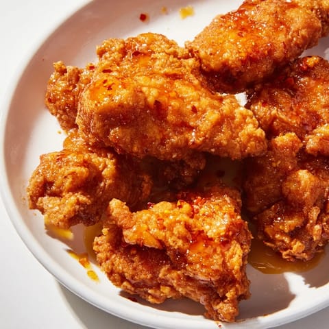 Savory buttermilk fried chicken drizzled with spicy honey butter, served alongside crisp pickles and creamy coleslaw.